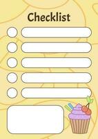 Checklist. Cute planner page with cupcake. Simple daily routine organization time management vector template.