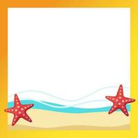 Summer template frame decorated with water sea, sand, starfish. Vector illustration isolated