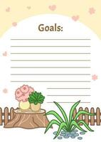 Cute planner with garden in cartoon style. Goals list. Note card for notes. Design template. Vector. vector