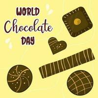 World chocolate day design template. Chocolate blocks. Post with chocolate desserts. Vector illustration in cartoon style