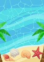 Summer background with sea, sand, palm, shell, starfish. Vertical summer template in cartoon style. Vector. vector