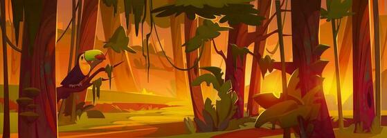 dibujos animados tropical bosque con tucán en árbol vector