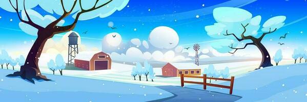 Winter snow field landscape with barn house scene vector