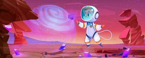 Happy astronaut kid on alien planet surface vector