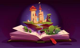 abierto libro con hada cuento castillo en paginas vector