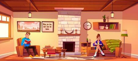 Couple reading in home living room with fireplace vector