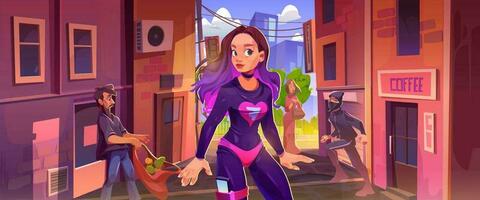 Girl superhero character in city street alley vector