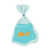 Goldfish in a plastic bag. Fish transportation. Aquatic domestic animal. Isolated vector illustration