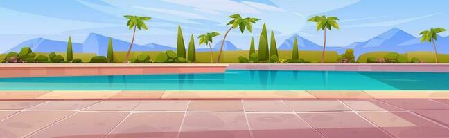 dibujos animados nadando piscina con montañas en horizonte vector