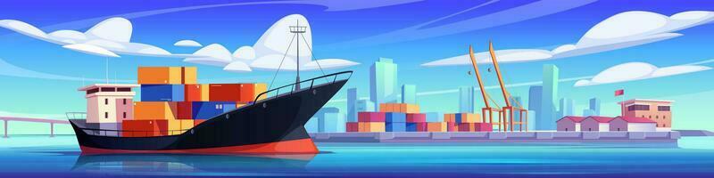 Cartoon cargo ship in maritime port vector