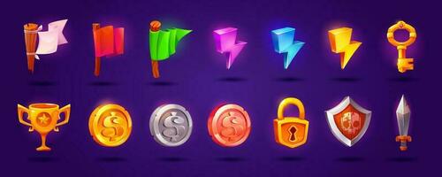 UI game icons of coins, key, trophy, shield, sword vector