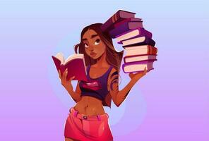 Black student woman reading book cartoon vector