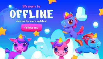 Cartoon offline stream banner with cute unicorns vector