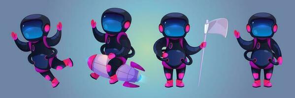 Set of cartoon astronauts in spacesuit, helmet vector