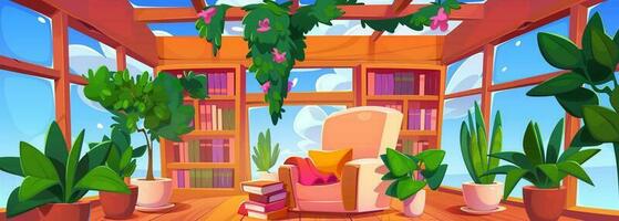 Empty glass living room or library with armchair vector