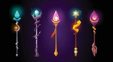 Magic wands, wizard staves, fantasy game weapon vector