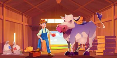 Man farmer with cow in barn vector illustration