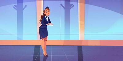 Stewardess in airport corridor, hostess woman vector