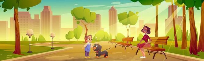 niño con perro y madre caminar en verano ciudad parque vector
