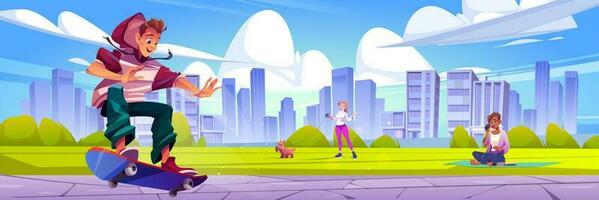patinador en ciudad parque escena dibujos animados vector paisaje