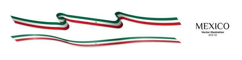 Long 3d Rendered horizontal Mexican Flag Ribbon with shadows. Flag of Mexico strip bands. Curled and rendered in perspective. Graphic Resource. Editable Vector Illustration. EPS 10.