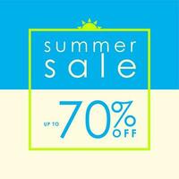 Summer Sale Up to 70 off on Cyan and Light Yellow Background Sale Sign with yellow frame and sun symbol on top. For Business Print or social media post. Vector Illustration. EPS 10 File.