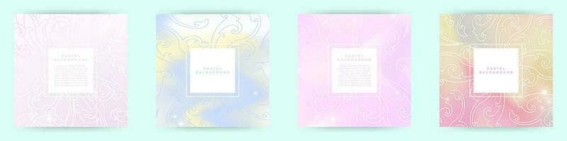 Set of Pastel Gradient Templates with white geometric space for text in center, white florid designs and glittering stars. Vector Template. Perfect for cards, invite, designs, feeds, social media post