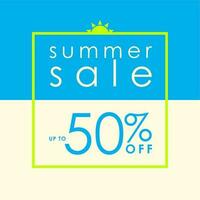 Summer Sale Up to 50 off on Cyan and Light Yellow Background Sale Sign with yellow frame and sun symbol on top. For Business Print or social media post. Vector Illustration. EPS 10 File.