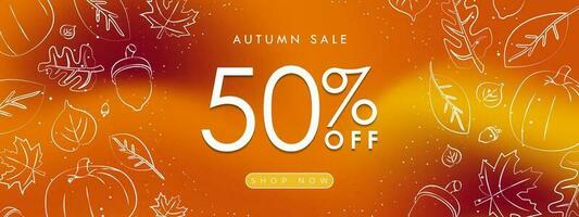 Luxurious Autumn Sale Banner on fluid gradient background in fall colors and framed with hand drawn autumn elements, leaves, maple, acorn, pumpkin. Up to 50 off. Editable Vector Illustration. EPS 10