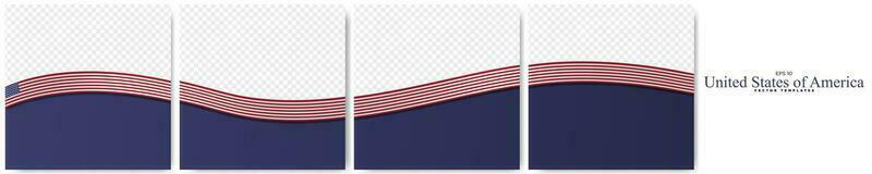 Set of Continuous American Flag Template Frames. Set of carousel USA Ribbon Flag card layout templates. Social Media template with flag of United States of America. Editable Vector Illustration.