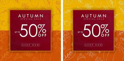 Set of Autumn Sale card, background, banner, poster or flyer design. Up to 50 off discount with shop now CTA button. Drawing of autumn elements, maple leaves, pumpkin, acorn. Vector illustration.