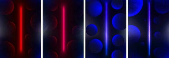 Set of red and blue glowing neon bars with 3d spheres and dimensional warp effect posters. Cyber neon abstract backgrounds. Editable Vector Illustration. EPS 10.