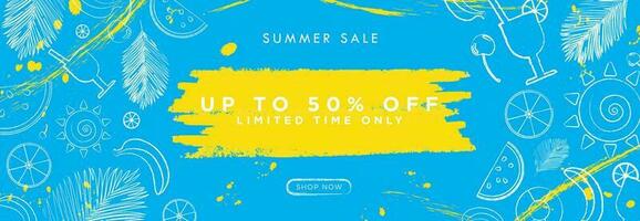 Tropical Summer Sale Grunge Brush Strokes and Splatter Up To 50 off Sale sign with Limited Time Only Tag and Shop Now CTA Button. Vector Illustration. EPS 10