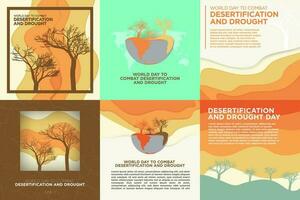 Set of 6 World Day to Combat Desertification and Drought Template. June 17. Square with copy space. Paper craft and dried land, dried trees on earth, drought. Vector Illustration. Editable. EPS 10.