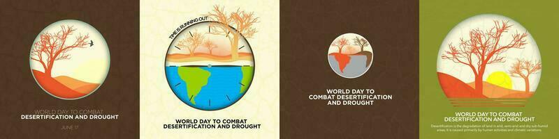 World Day to Combat Desertification and Drought Collection. Square Templates. Dry soil, dry trees, copy space. Desertification icons. Drought concept. Vector Illustration. EPS 10. Editable.