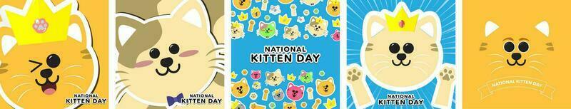 Cute National Kitten Day Greeting Cards. Cartoon cat and kitten illustrations with crowns and bowtie. Vector Illustration. EPS 10.