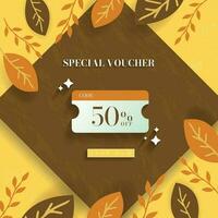 Autumn Special Sale Sign with voucher icon and view details CTA on autumn-themed background with hand-drawn leaves, maple, acorn, pumpkin pattern. Editable Vector Illustration. EPS 10.