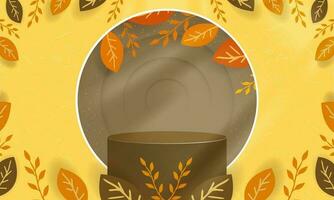 Autumn-themed 3d rendered showcase podium with canopy of leaves as frame, soft light towards brown platform with shadows and paper art circle in background. Vector Template.