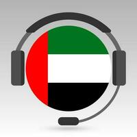 United Arab Emirates flag with headphones, support sign. Vector illustration.