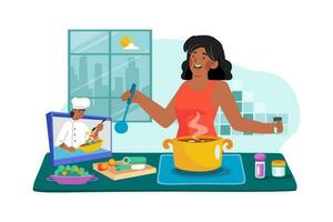 A woman attends a morning cooking class to learn new recipes and techniques. vector