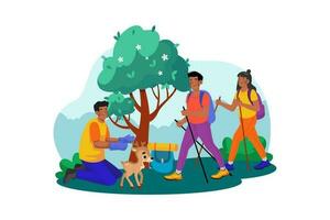 A group of tourists goes on a guided nature walk to learn about the local flora and fauna. vector