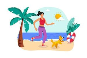 A jogger runs along the beach to start the day with a refreshing activity. vector
