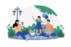 A family enjoys a morning picnic in the park, surrounded by nature. vector