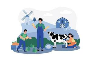 A group of tourists visits a local farm for a morning tour and hands-on activities. vector