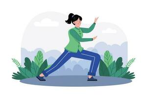 A woman practices tai chi in a serene garden for health and relaxation. vector