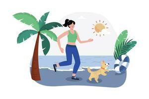 A jogger runs along the beach to start the day with a refreshing activity. vector