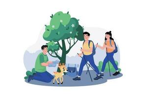 A group of tourists goes on a guided nature walk to learn about the local flora and fauna. vector