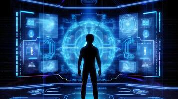 humano figura en frente de futurista azul hud interfaz antecedentes ai generado foto