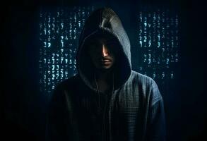 Young man in a hood with binary code on a dark background AI Generated photo