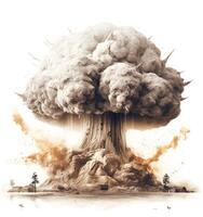 Big explosion of nuclear bomb with smoke, isolated on white background photo